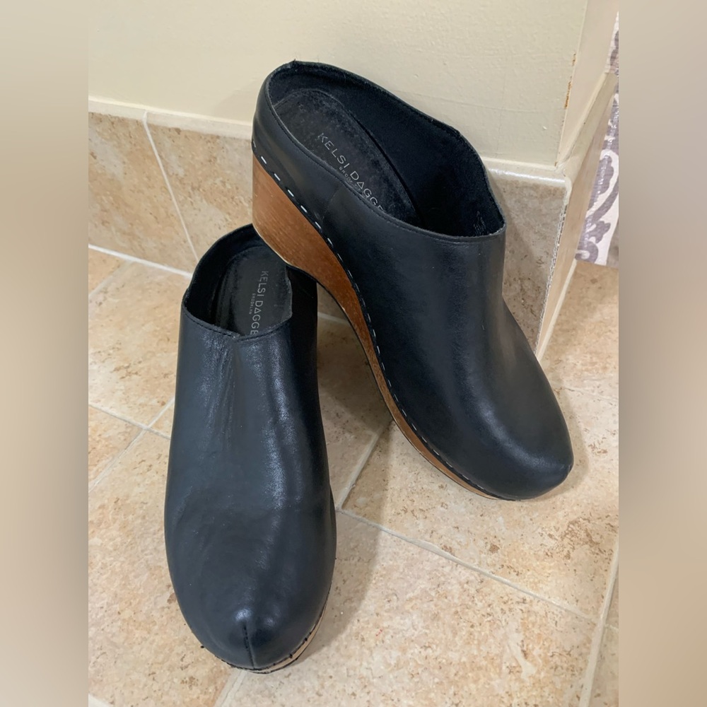 Kelsi Dagger Black Leather Mules with Brown Wedge